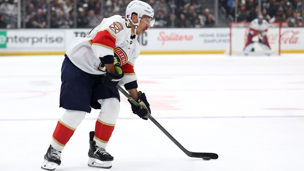 Brad Marchand #63 of the Florida Panthers skates with the puck against the Los Angeles Kings at Crypto.com Arena on October 06, 2026 in Los Angeles, California. 