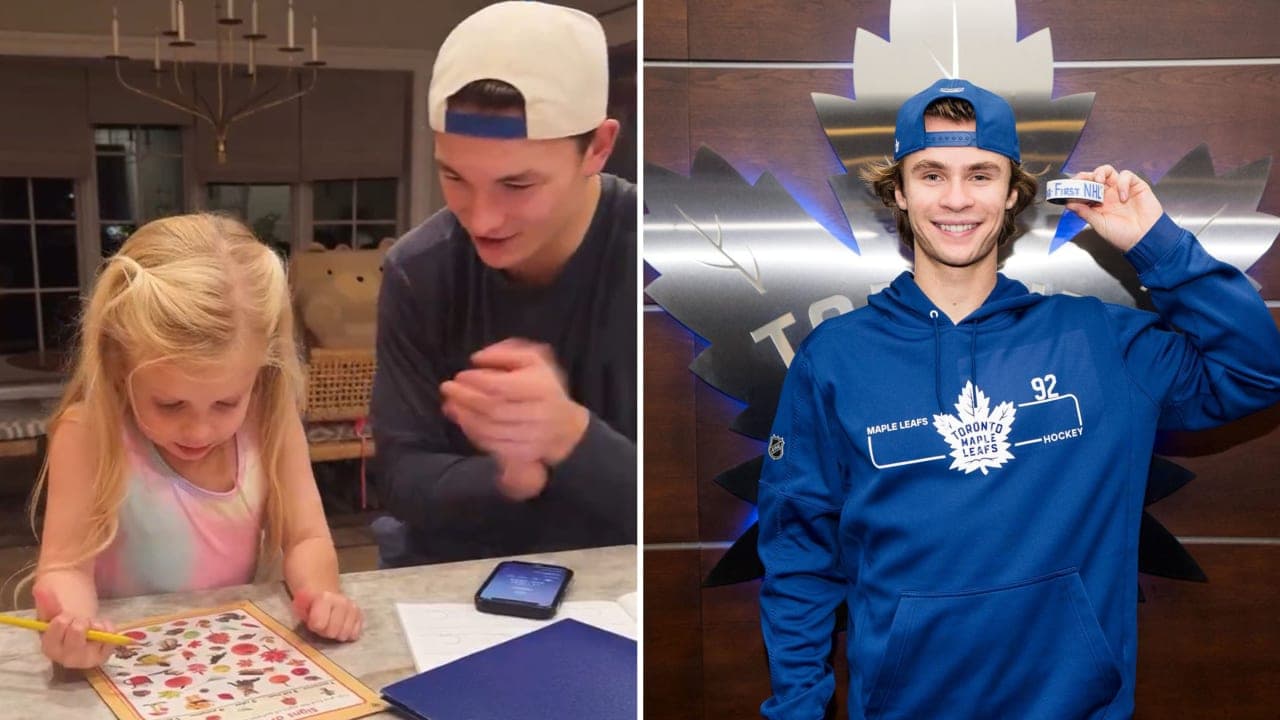 Matthew Schaefer helps with homework. Gavin McKenna poses with first NHL goal puck. 