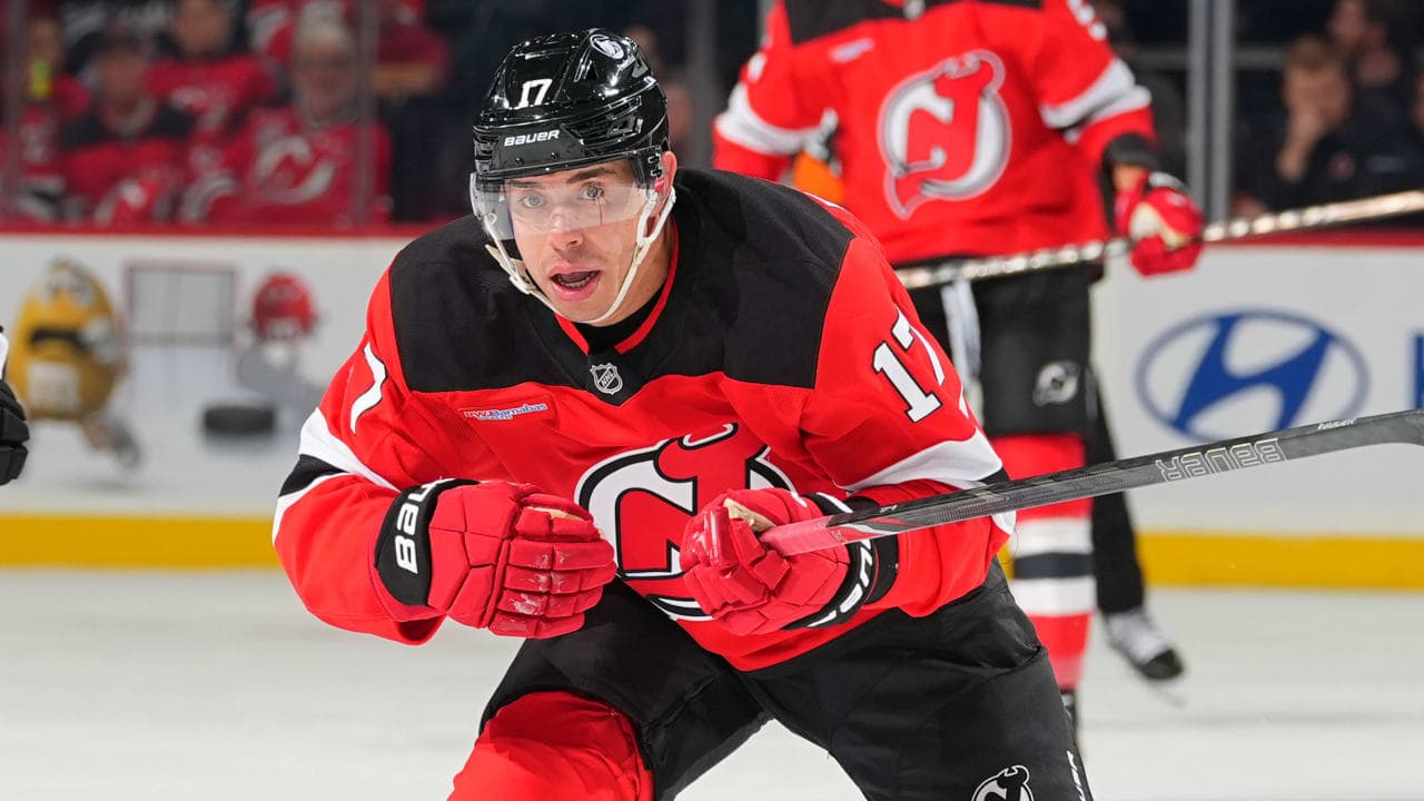NEWARK, NJ - OCTOBER 06: Evan Rodrigues #17 of the New Jersey Devils skates during the first period of the game against the Utah Mammoth on October 6, 2026 at the Prudential Center in Newark, New Jersey. (Photo by Rich Graessle/NHLI via Getty Images)