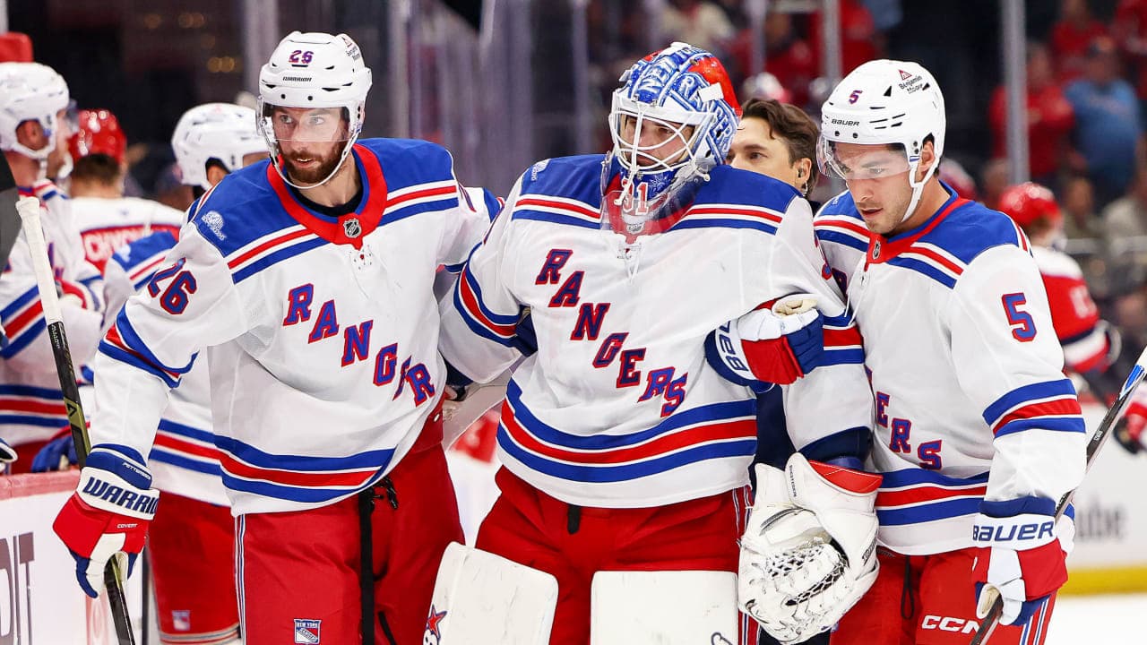 WASHINGTON, DC - OCTOBER 9: Igor Shesterkin #31 of the New York Rangers is helped off the ice by Marcus Pettersson #26 and Sean Durzi after suffering an injury during a game against the Washington Capitals at Capital One Arena on October 9, 2026 in Washington, D.C. (Photo by John McCreary/NHLI via Getty Images)