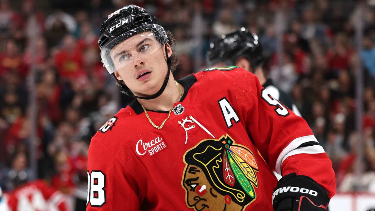 CHICAGO, ILLINOIS - APRIL 15: Connor Bedard #98 of the Chicago Blackhawks looks on against the San Jose Sharks at the United Center on April 15, 2026 in Chicago, Illinois. (Photo by Geoff Stellfox/Getty Images)