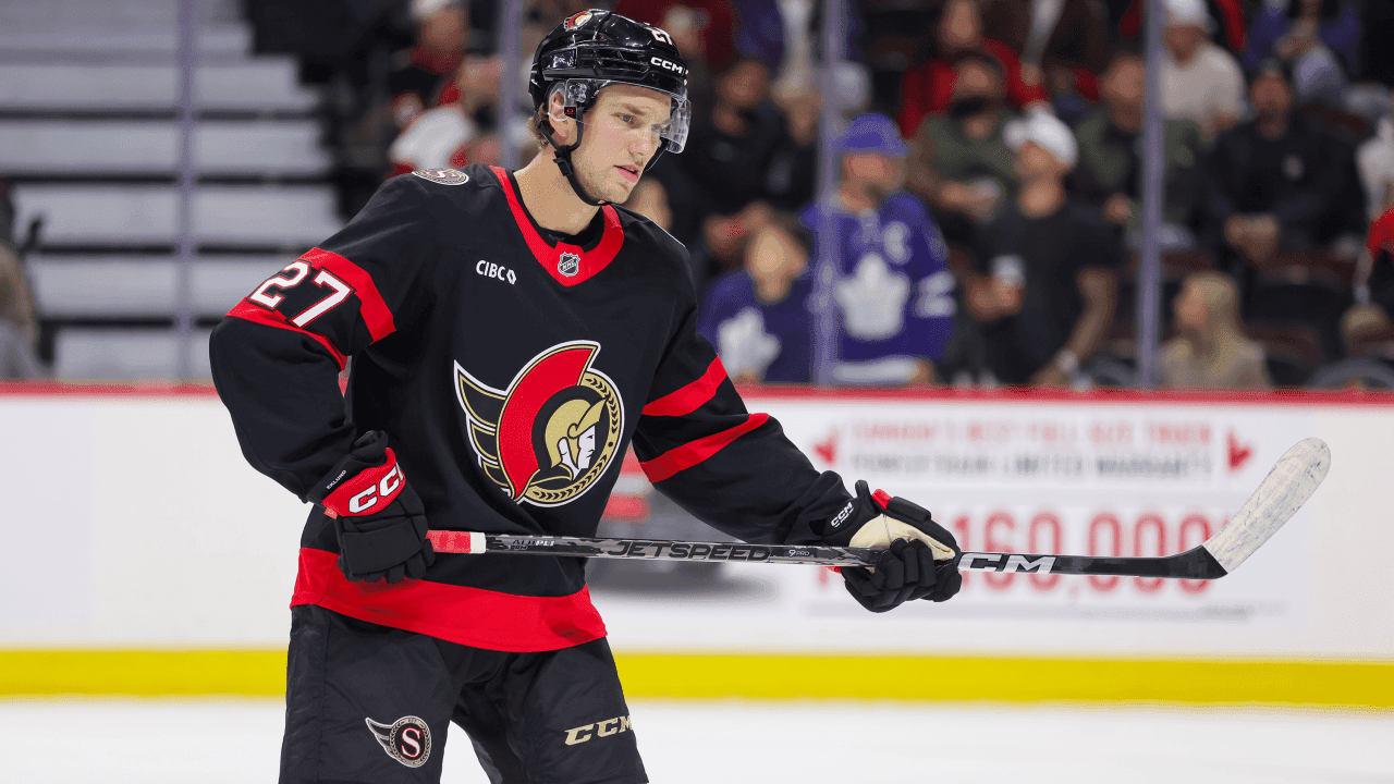 William Eklund #27 of the Ottawa Senators before a face-off during a game against the Toronto Maple Leafs on September 23, 2026, at Canadian Tire Centre in Ottawa, ON, Canada.