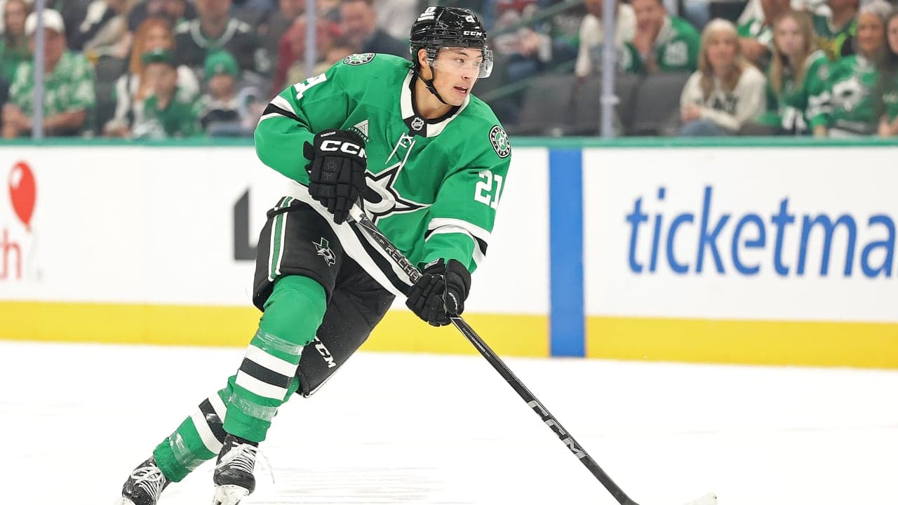 Jason Robertson #21 of the Dallas Stars controls the puck during a game against the Colorado Avalanche at American Airlines Center on October 13, 2026 in Dallas, Texas. 