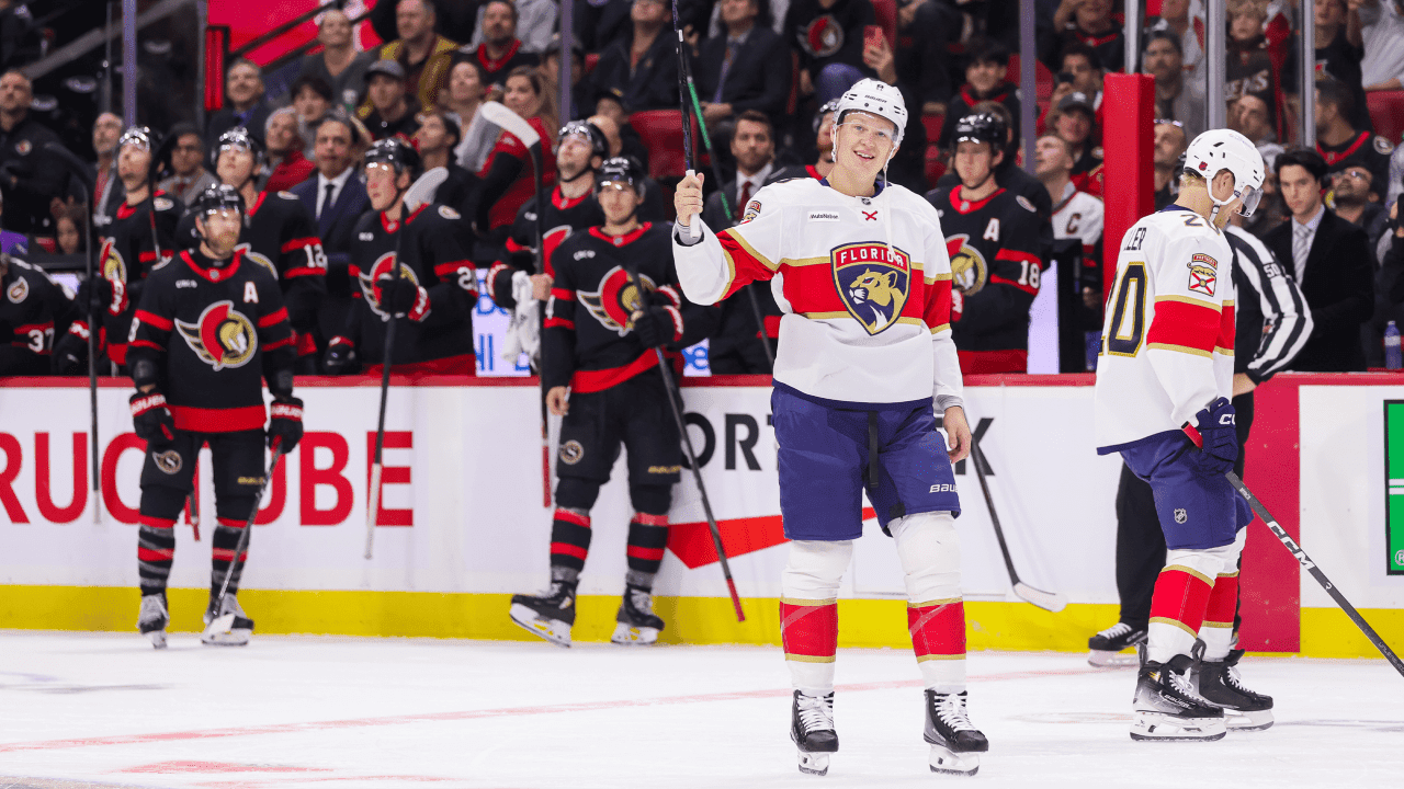 Brady Tkachuk #8 of the Florida Panthers acknowledges the crowd after his tribute video 