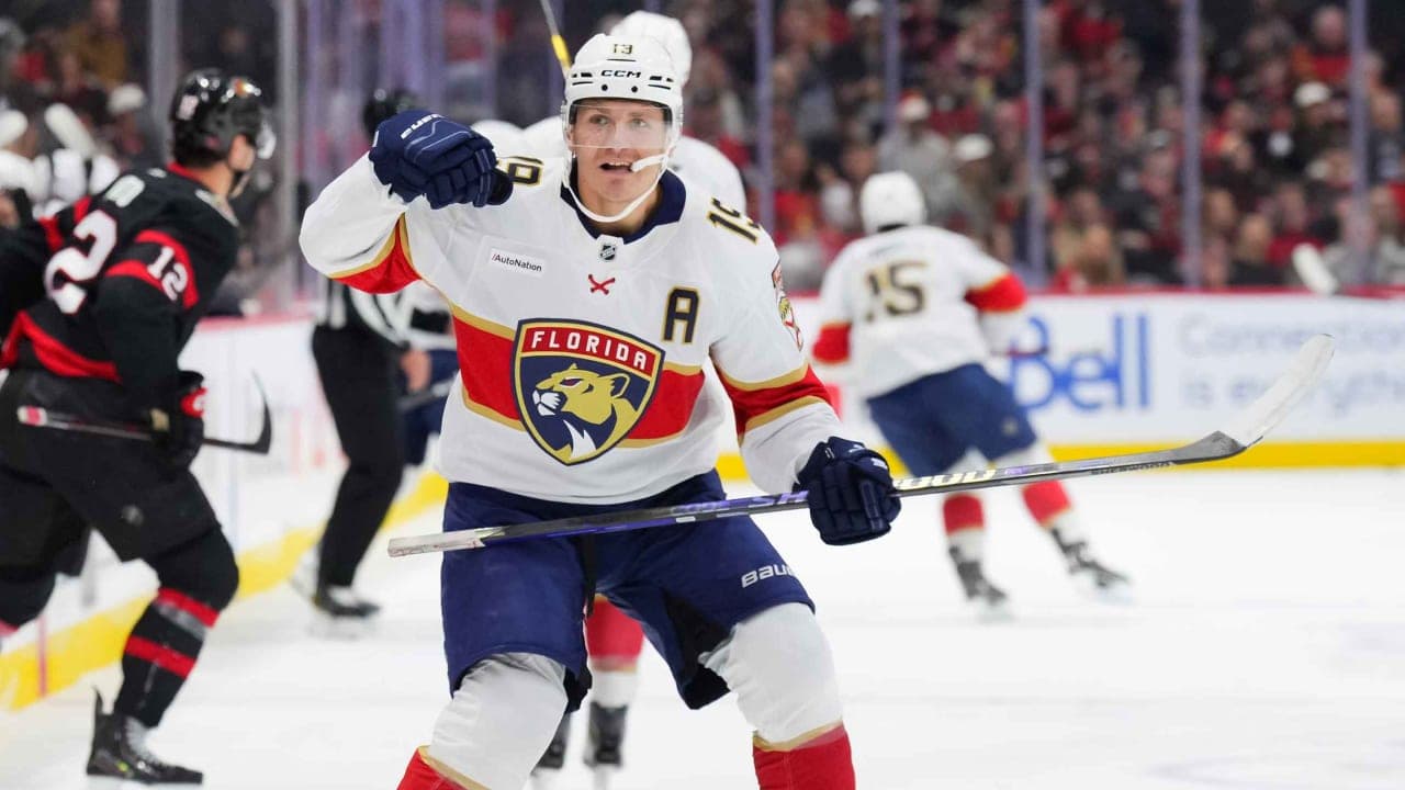Matthew Tkachuk #19 of the Florida Panthers gestures towards the Ottawa Senators in the first period at Canadian Tire Centre on October 21, 2026 in Ottawa, Ontario, Canada. 