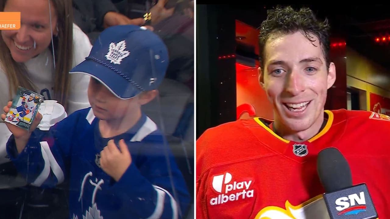 Young Leafs fans holds up Matthew Schaefer card. Devin Cooley postgame interview. 