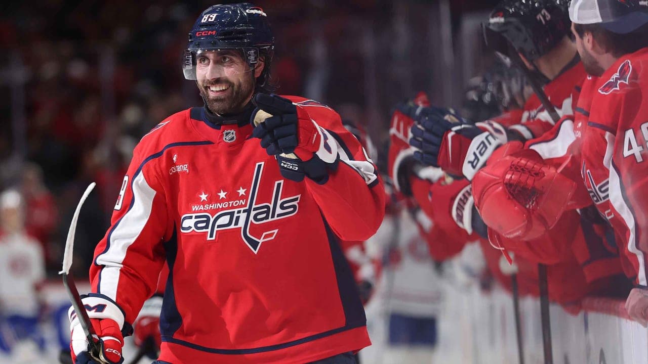 Alex Tuch #89 of the Washington Capitals celebrates after scoring a goal against the Montreal Canadiens during the third period at Capital One Arena on October 14, 2026 in Washington, DC. 
