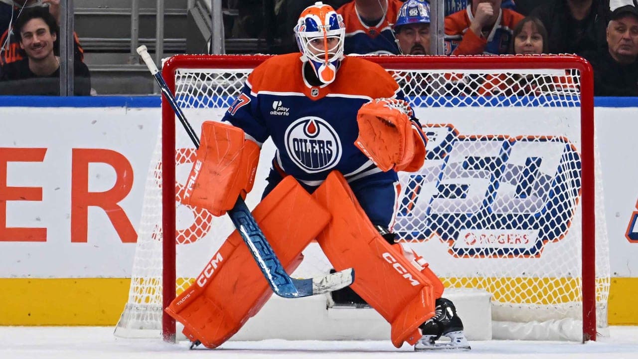 Devon Levi #27 of the Edmonton Oilers in action during the game against the Carolina Hurricanes at Rogers Place on October 22, 2026, in Edmonton, Alberta, Canada. 