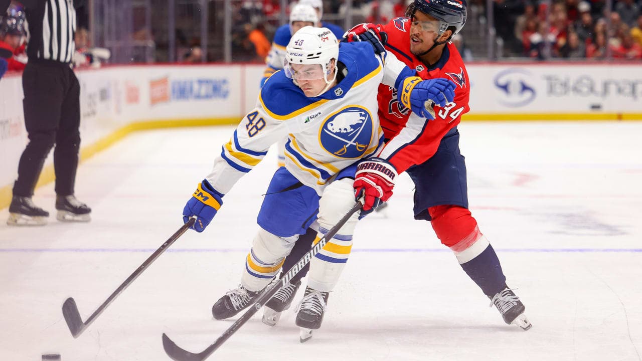 Justin Sourdif #34 of the Washington Capitals battles for the puck against Tyson Kozak #48 of the Buffalo Sabres during a game at Capital One Arena on October 24, 2026 in Washington, D.C. 