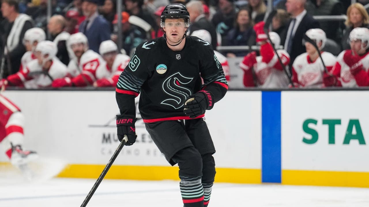 Jared McCann #19 of the Seattle Kraken skates against the Detroit Red Wings during the second period at Climate Pledge Arena on October 20, 2026 in Seattle, Washington. 