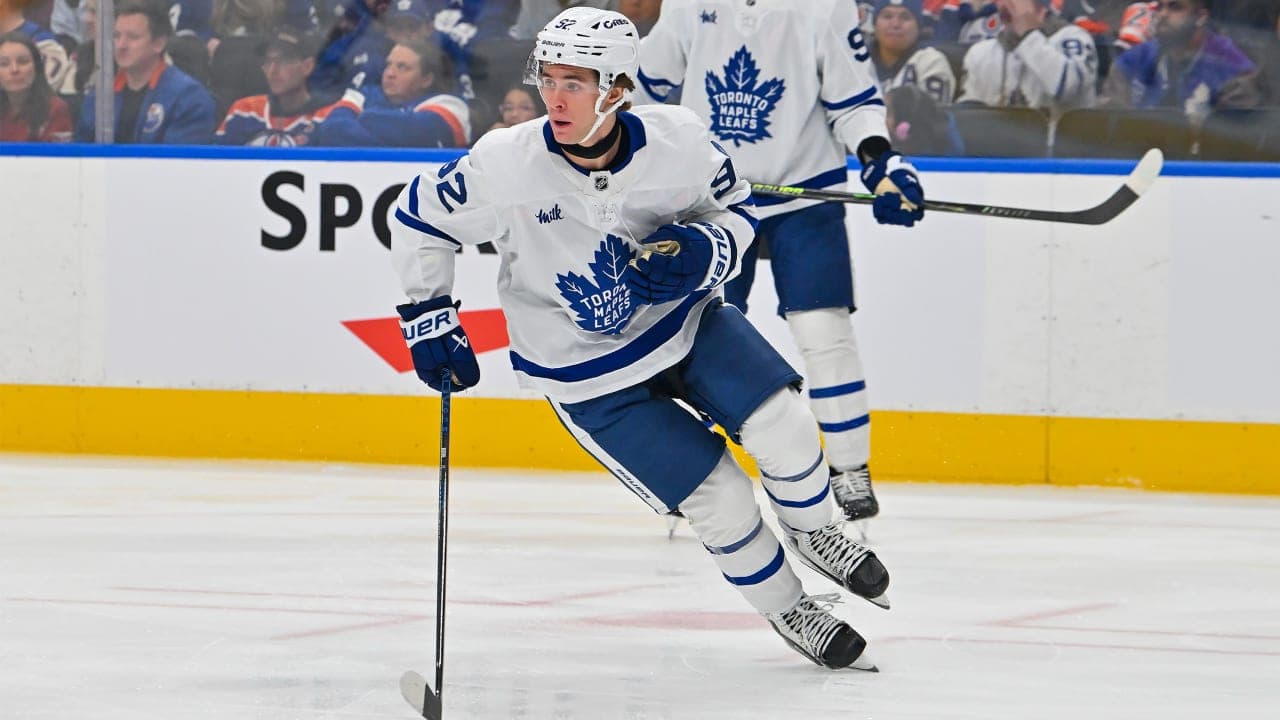 Gavin McKenna #92 of the Toronto Maple Leafs skates during the third period of the game against the Edmonton Oilers at Rogers Place on October 24, 2026, in Edmonton, Alberta, Canada. 